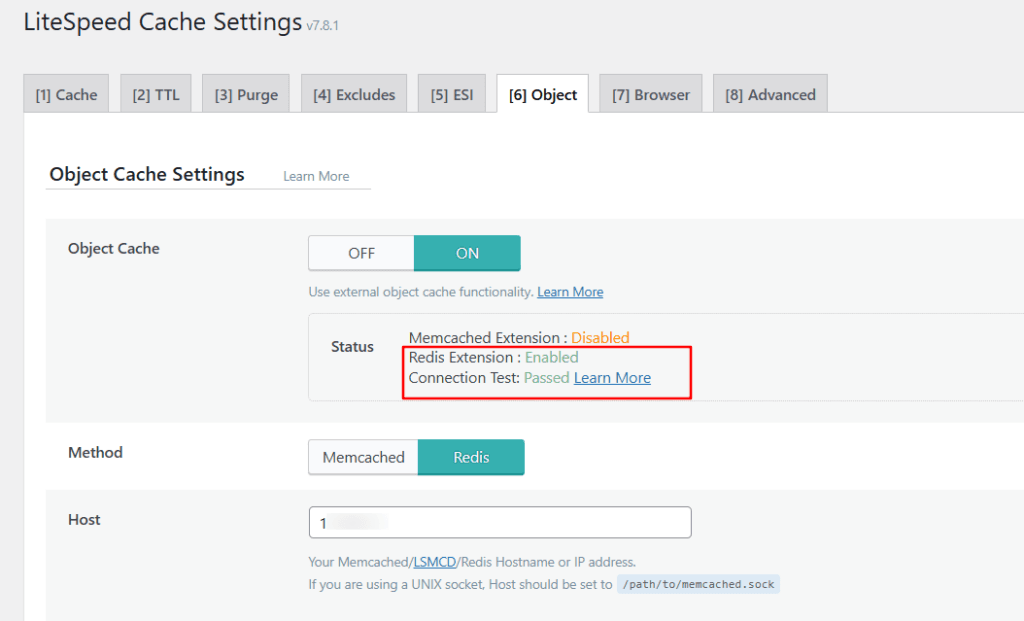LiteSpeed Cache object cache settings with Redis enabled and connection test passed in WordPress dashboard.