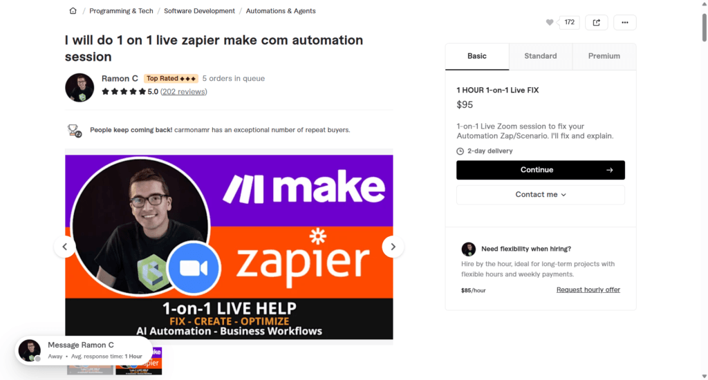 Ramon C freelance service listing for one-on-one live automation help featuring Make and Zapier logos.