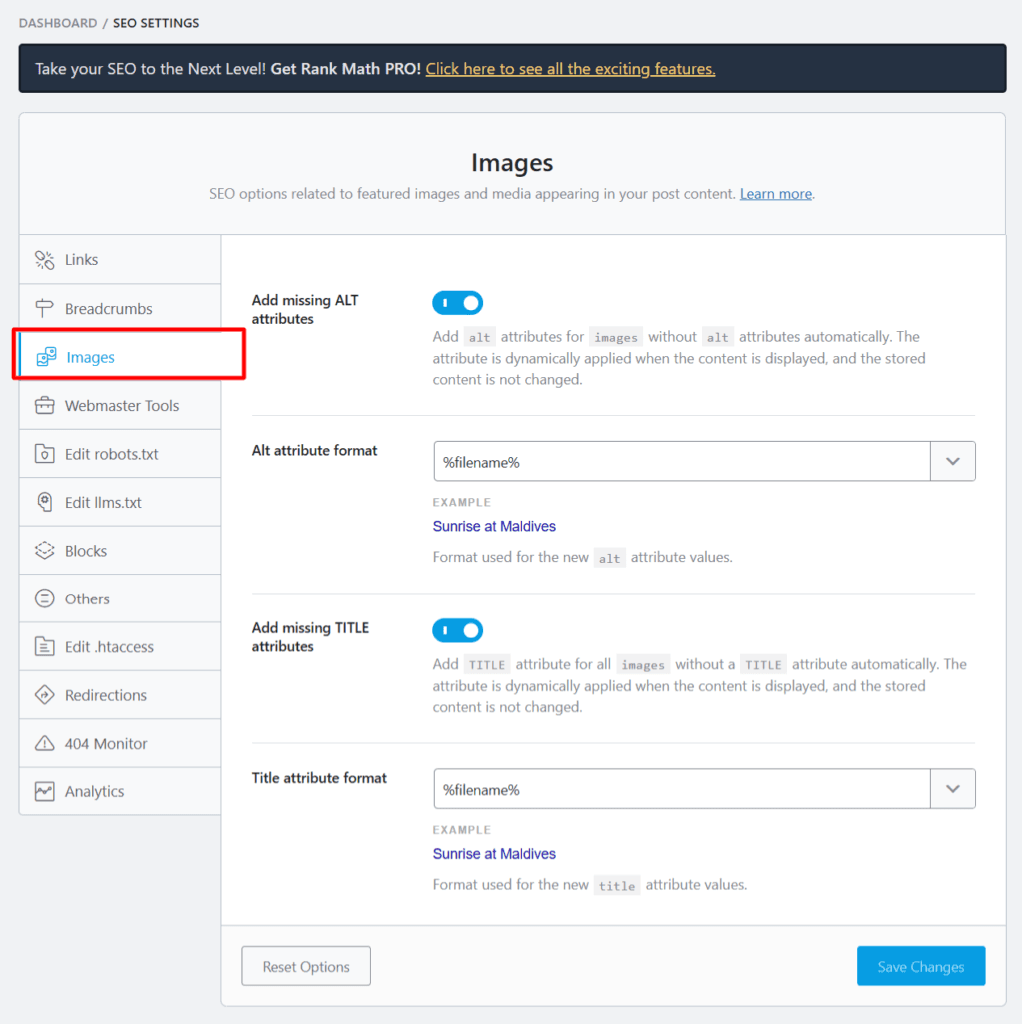 Rank Math SEO Images settings panel showing options to automatically add missing ALT and TITLE attributes to images.