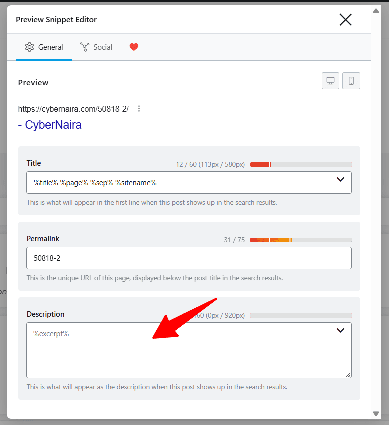 Rank Math SEO preview snippet editor showing fields for post title, permalink, and meta description with a red arrow pointing to the description field.