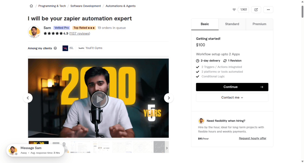 Sam Fiverr Zapier automation expert gig listing showing seller profile, pricing packages, and workflow automation services