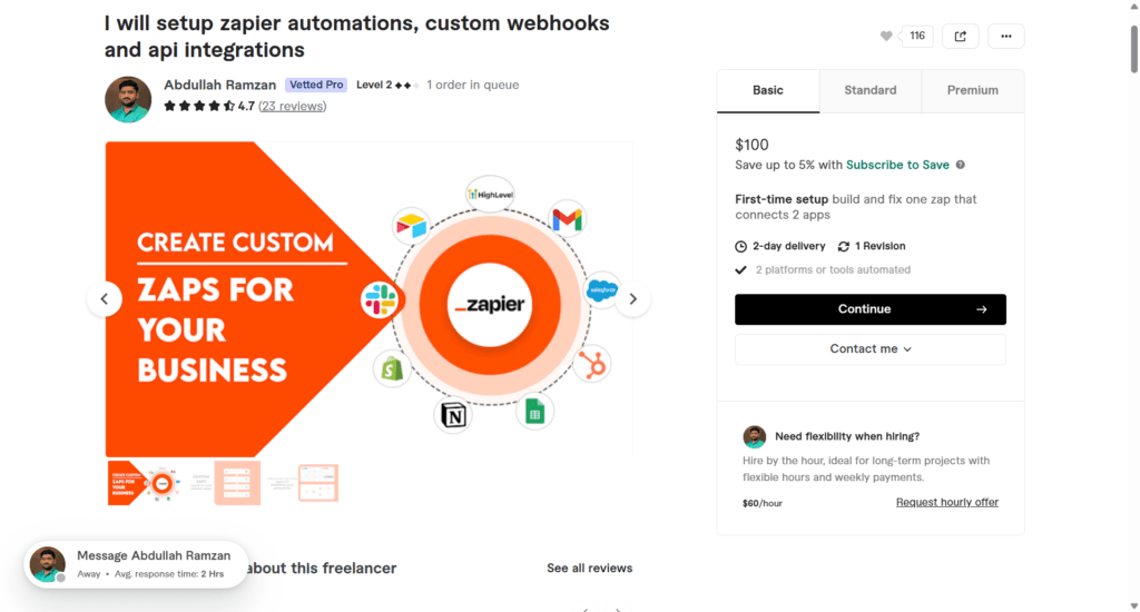 AbdulRahman5 Fiverr service page for Zapier automation setup featuring custom zaps, webhooks, and various business app integrations.