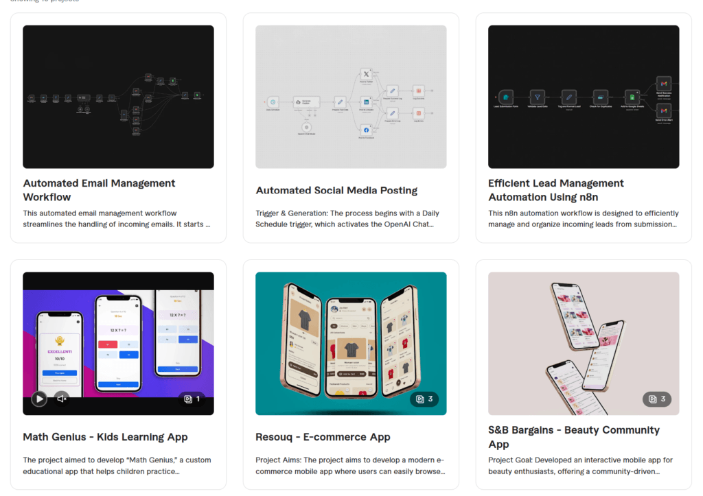 Zakaria (Xpeed_studio) web portfolio grid displaying automation workflow diagrams and mobile application interfaces.