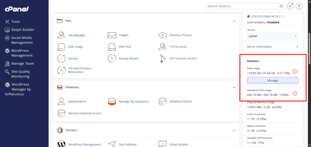 Verpex cPanel statistics showing disk usage at 121.74% over the 97.66GB limit due to accumulated server backups.