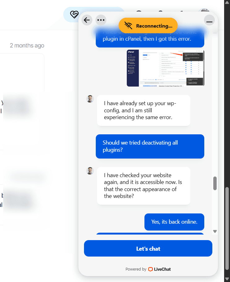 Verpex live chat support session showing agent Syafiq responding to an HTTP 500 error on CyberNaira.com.