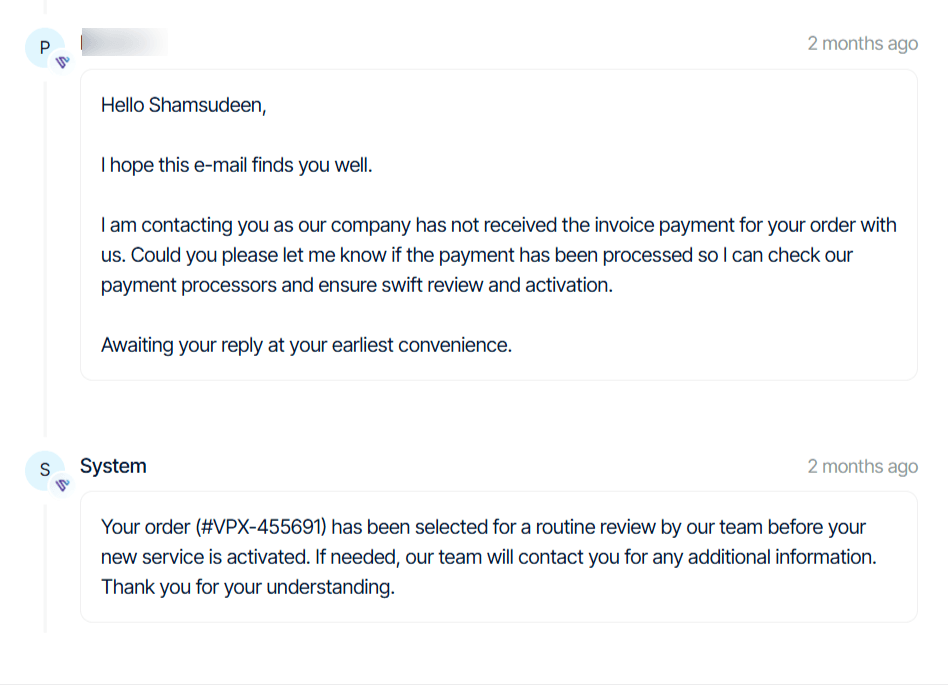 Verpex support ticket showing payment verification message during new account activation.