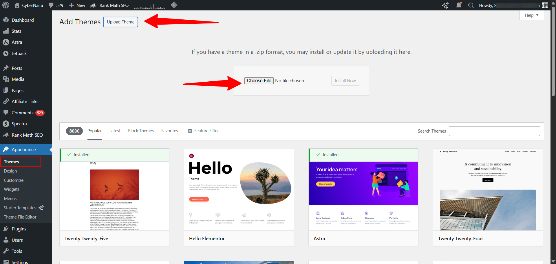 WordPress Add Themes page showing the Upload Theme button and Choose File option for installing a theme from a zip file.