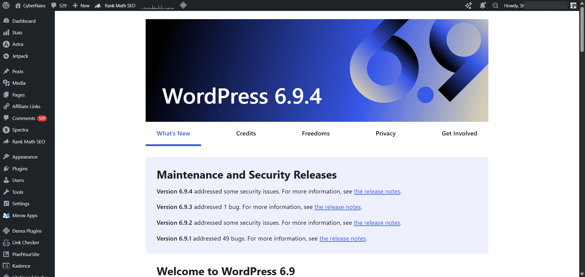 WordPress about page showing maintenance and security release notes in the admin dashboard.