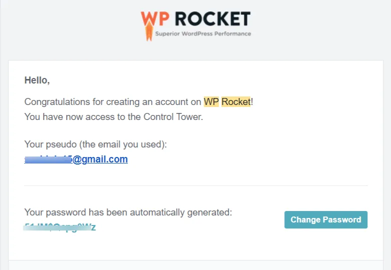 WP Rocket welcome email showing account creation confirmation and login details.