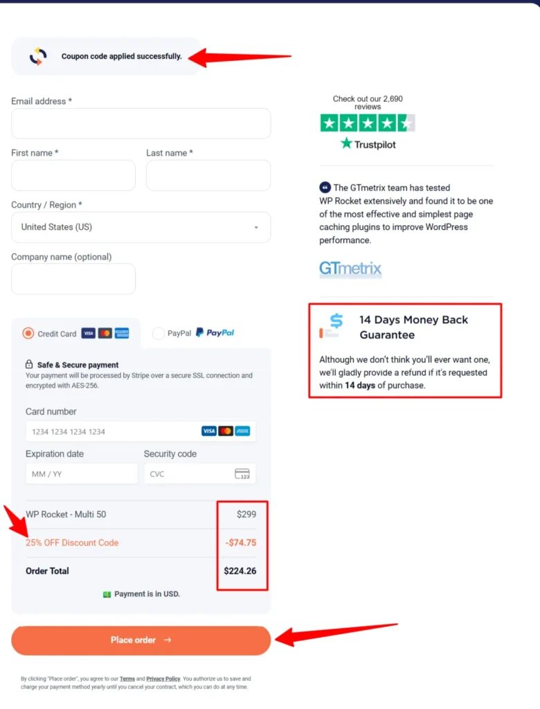 WP Rocket checkout page showing 25 percent discount applied, reduced price, and order total before placing order.