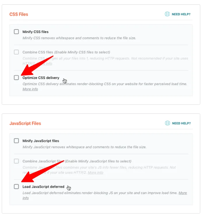 WP Rocket file optimization settings showing options to optimize CSS delivery and load JavaScript deferred to eliminate render blocking.