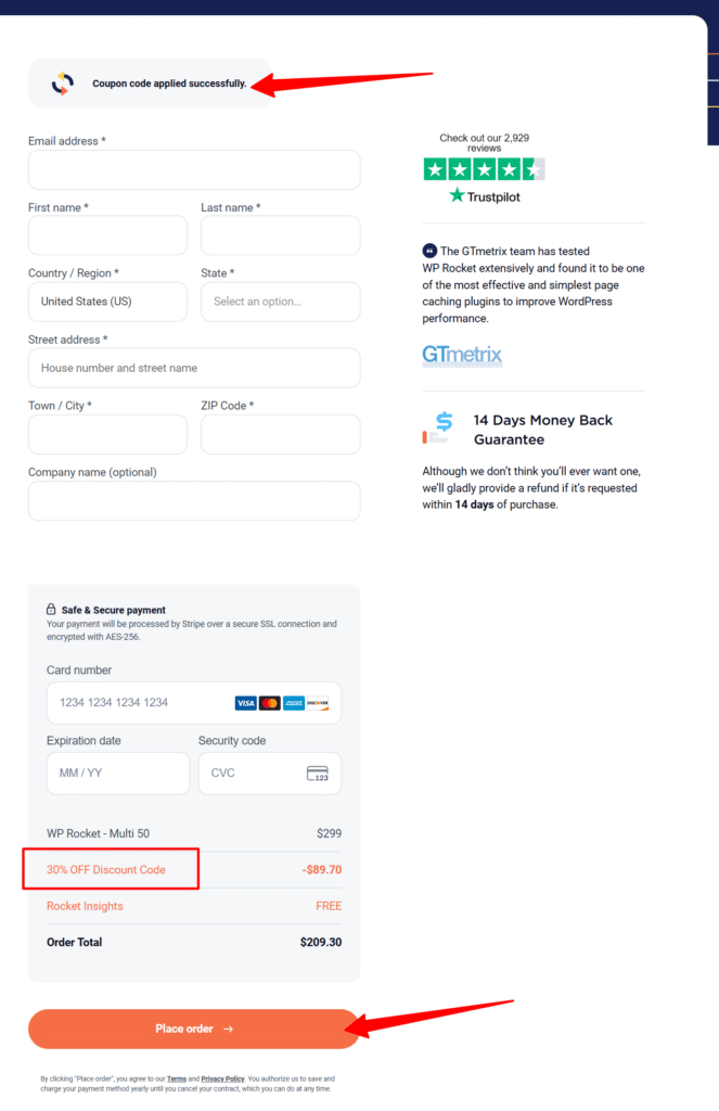wp rocket order confirmation and checkout page WP Rocket checkout and order confirmation page displaying an applied 30 percent discount code and the payment details section.