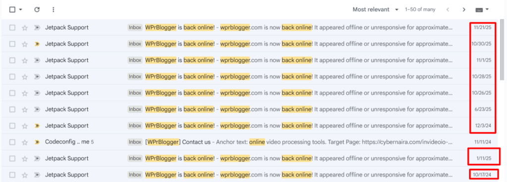 Jetpack downtime alert emails for WPrBlogger.com showing 10 incidents between October 2024 and November 2025.