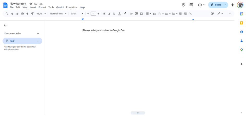 A blank Google Docs document with a tip reminding writers to always draft their blog content in Google Docs.