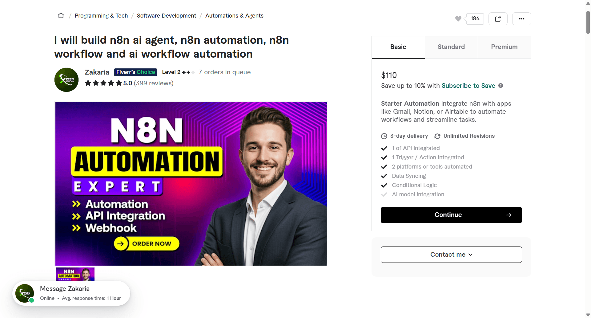 Xspeed_studio (Zakaria) Fiverr gig page offering n8n automation and AI workflow services with pricing, seller details, and automation expert banner.