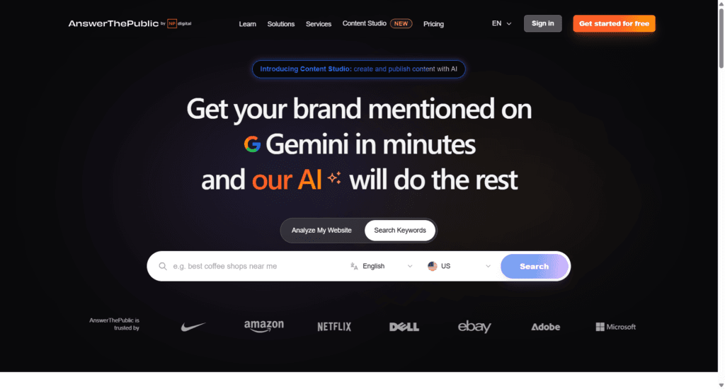 AnswerThePublic Keyword Research and AI Content Ideas Homepage by Neil Patel.