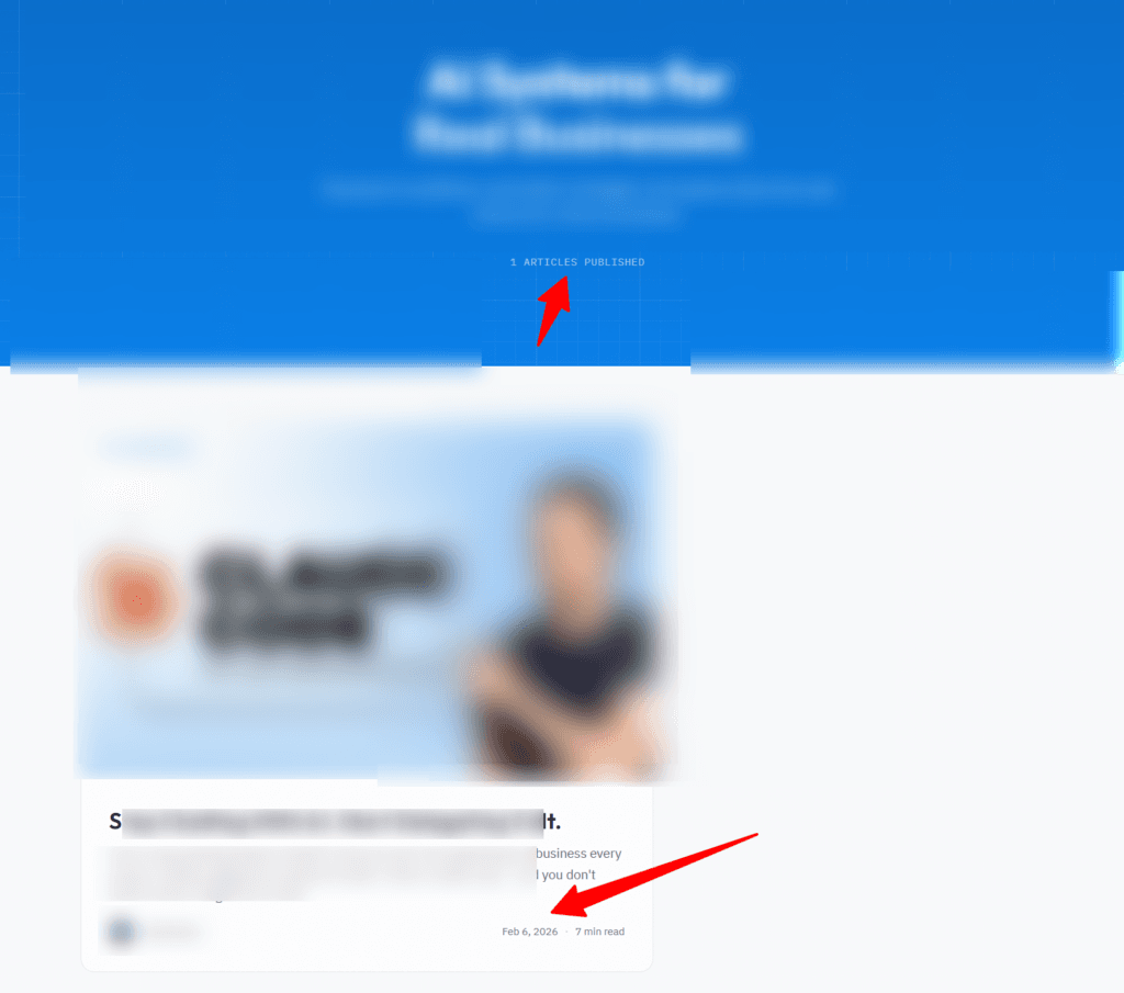 Blog page highlighting a single published article with a red arrow pointing to the publication date of Feb 6, 2026.