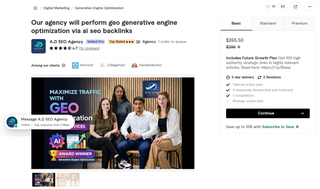 Ayesha_Digital GEO generative engine optimization services by A.D SEO Agency featuring AI SEO backlinks and a tailored future growth plan.