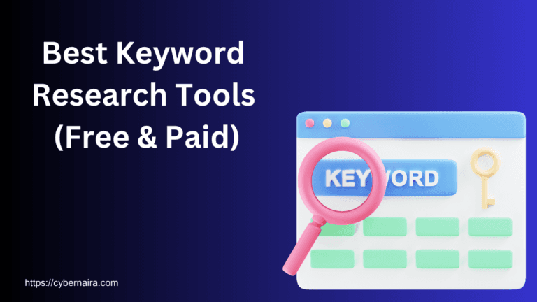 Blog post featured image for "Best Keyword Research Tools (Free & Paid)" featuring a 3D magnifying glass over a keyword grid and a key icon.