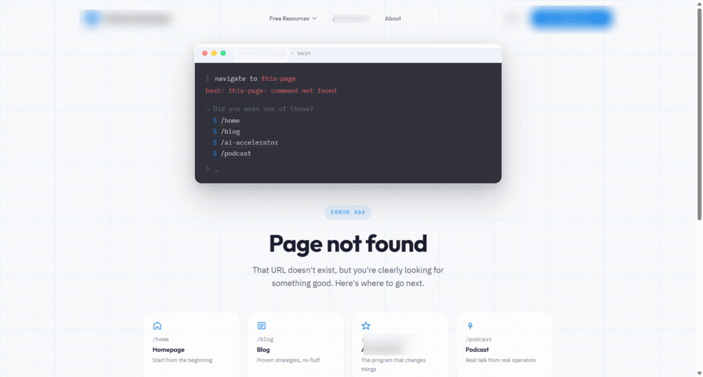 Custom 404 error page titled Page not found featuring a bash terminal graphic with navigation suggestions for home, blog, and podcast.