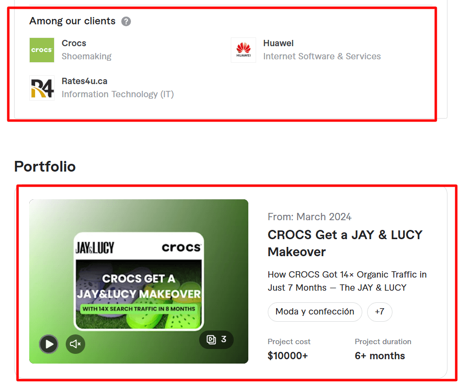 Jay and Lucy Fiverr portfolio displaying a Crocs case study with 14x organic traffic growth alongside client logos for Crocs, Huawei, and Rates4u.ca.