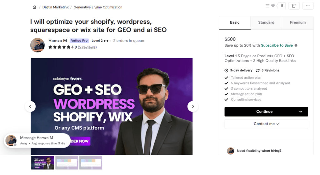 Fiverr gig page for GEO and AI SEO optimization services for Shopify, WordPress, and Wix platforms by Hamza M.