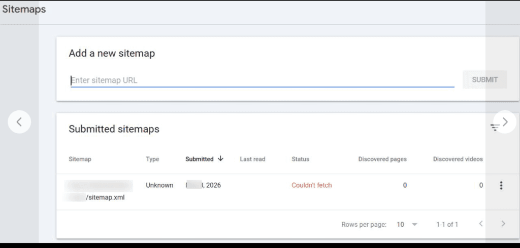 Google Search Console Sitemaps report showing a "Couldn't fetch" status error for a submitted sitemap.xml file.
