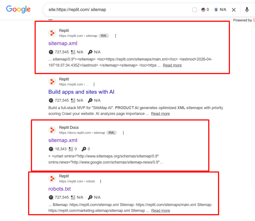 Google Search results for replit.com sitemap and robots.txt with three red boxes highlighting sitemap.xml and robots.txt entries.