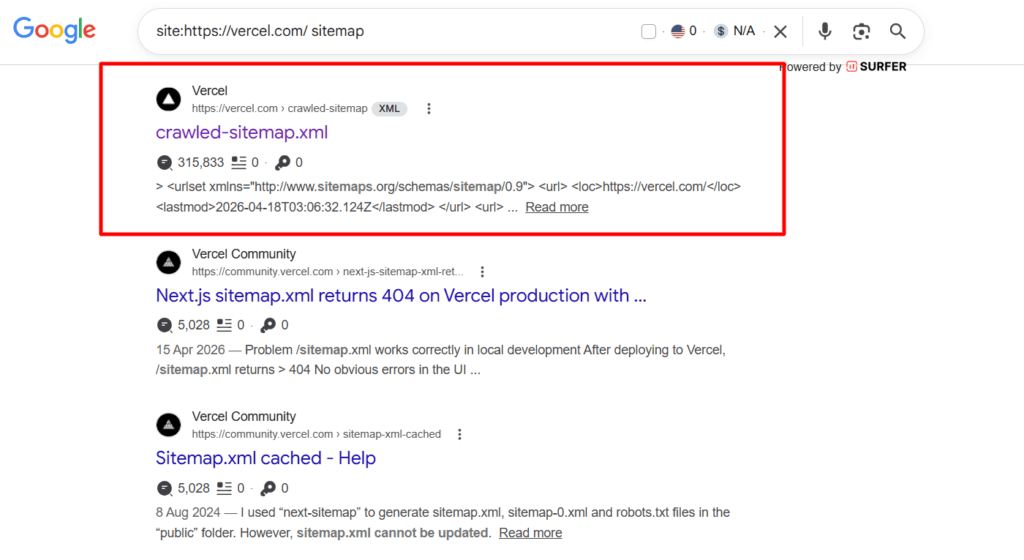 Google Search results page for vercel.com sitemap with a red box highlighting the crawled-sitemap.xml entry.
