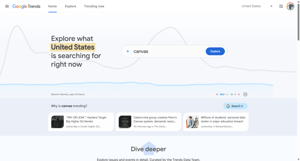 Google Trends homepage showing search interest over time with a comparison of interest by subregion.