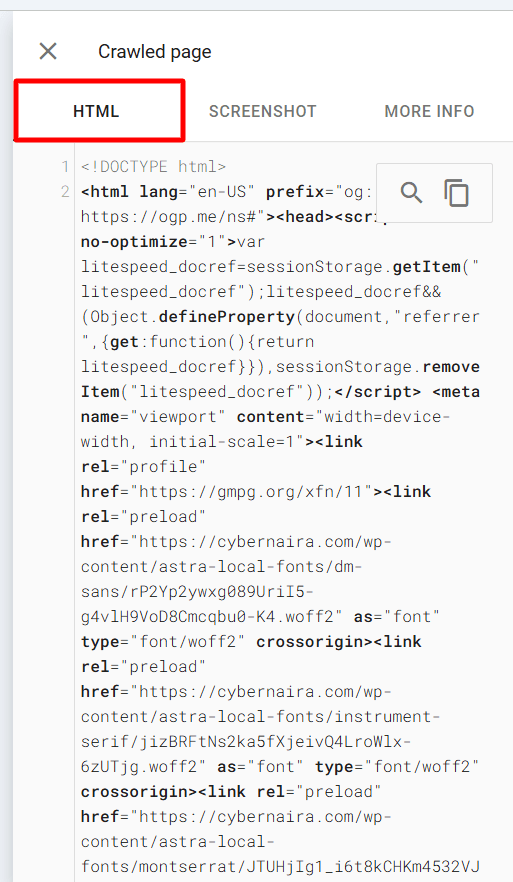 Google Search Console Crawled page panel showing HTML tab with raw source code for cybernaira.com assets.