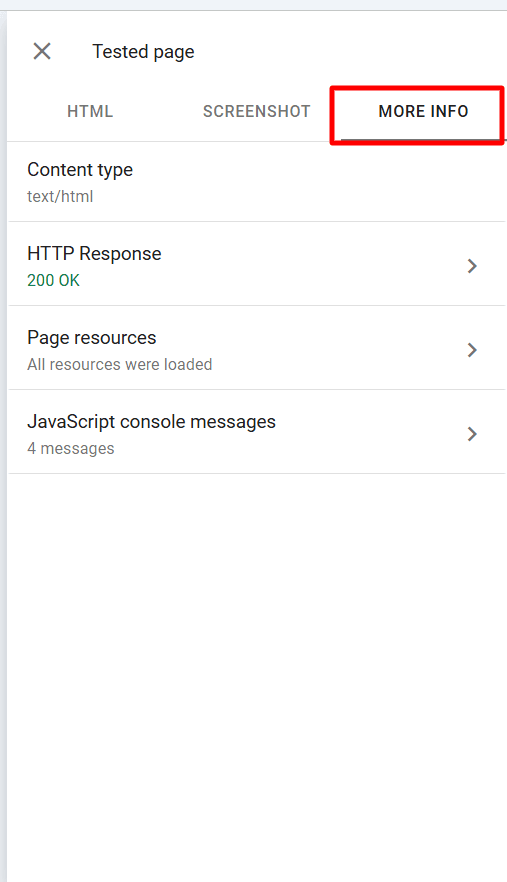 Google Search Console Tested page panel showing More Info tab with HTTP response 200 OK and JavaScript console messages.