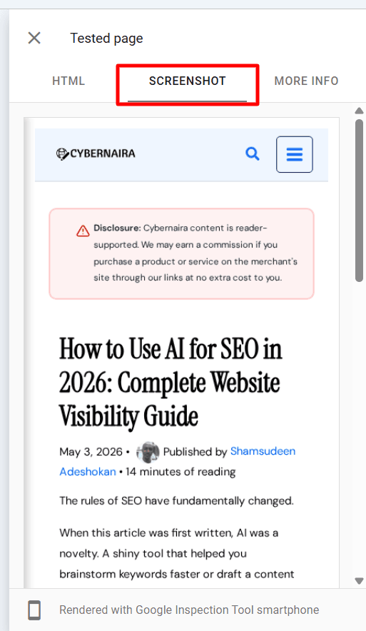 Google Search Console Tested page mobile screenshot for Cybernaira's AI for SEO guide rendered with Google Inspection Tool smartphone.