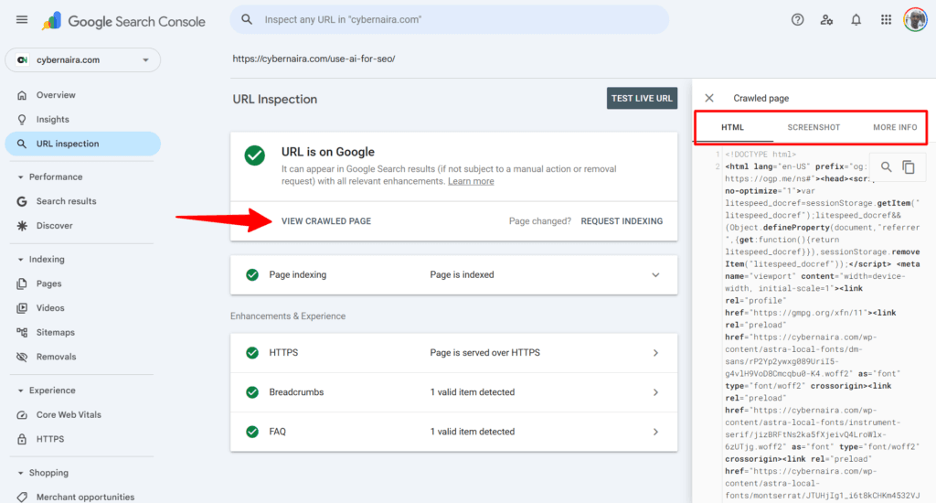 Google Search Console URL inspection tool for cybernaira.com displaying a successful index status and the crawled page HTML source code.