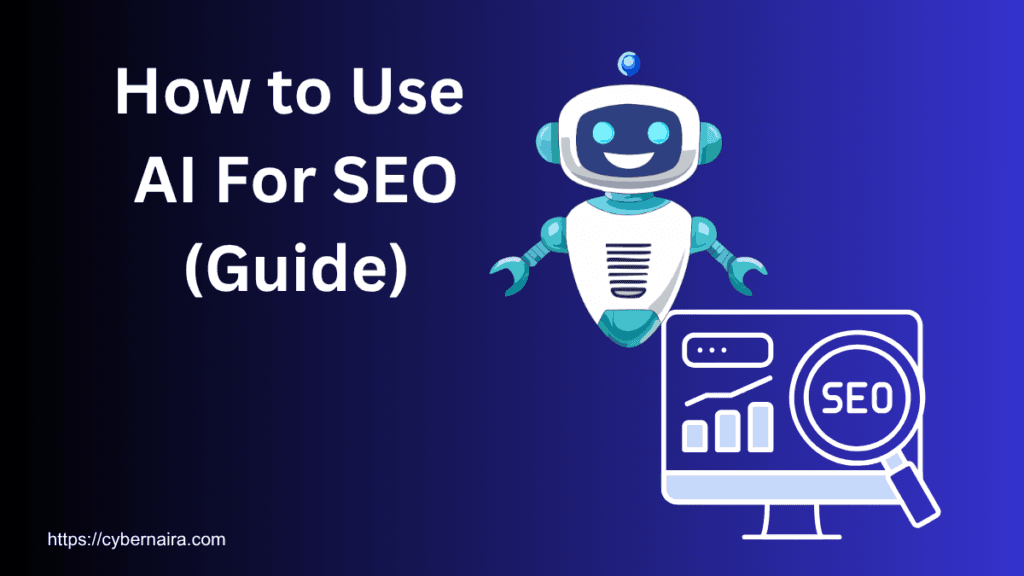 How to use AI for SEO guide banner with robot illustration and SEO analytics dashboard.
