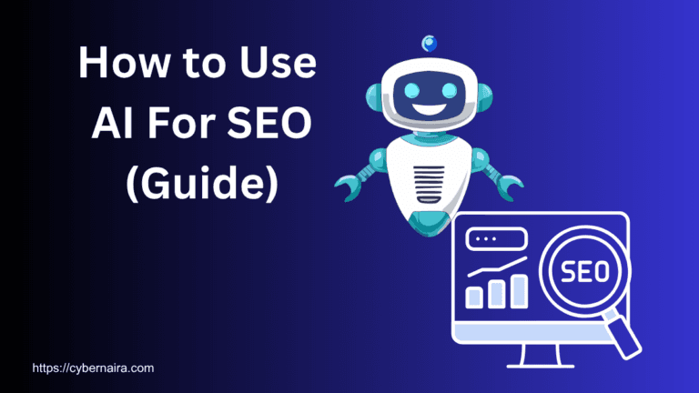 How to use AI for SEO guide banner with robot illustration and SEO analytics dashboard.