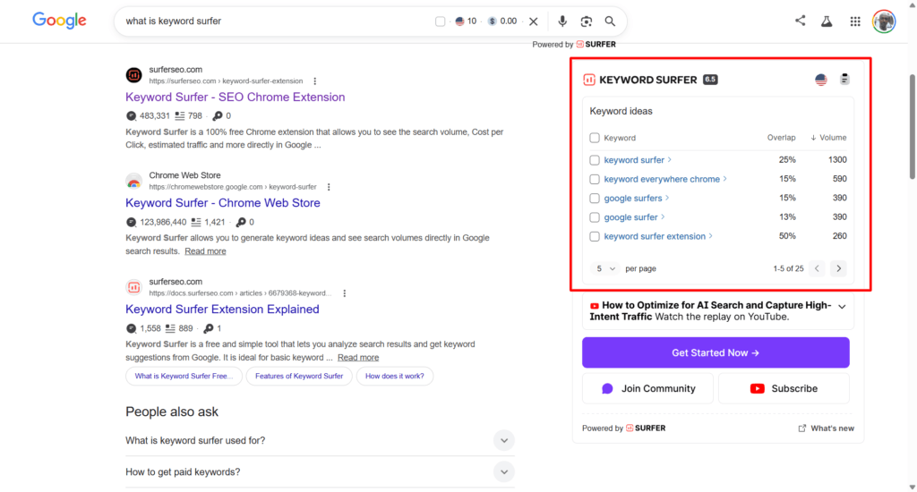 Google search results showing the Keyword Surfer Chrome extension with keyword ideas and search volume data sidebar.