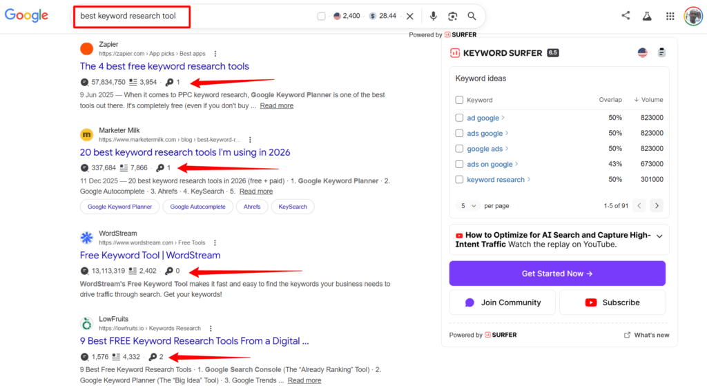 Google search results for best keyword research tool showing Keyword Surfer search volume and keyword ideas sidebar.