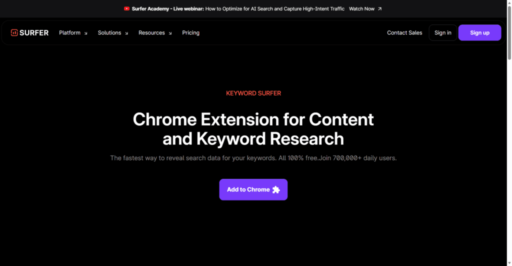 Keyword Surfer Chrome extension  Google search results search volume and CPC homepage.