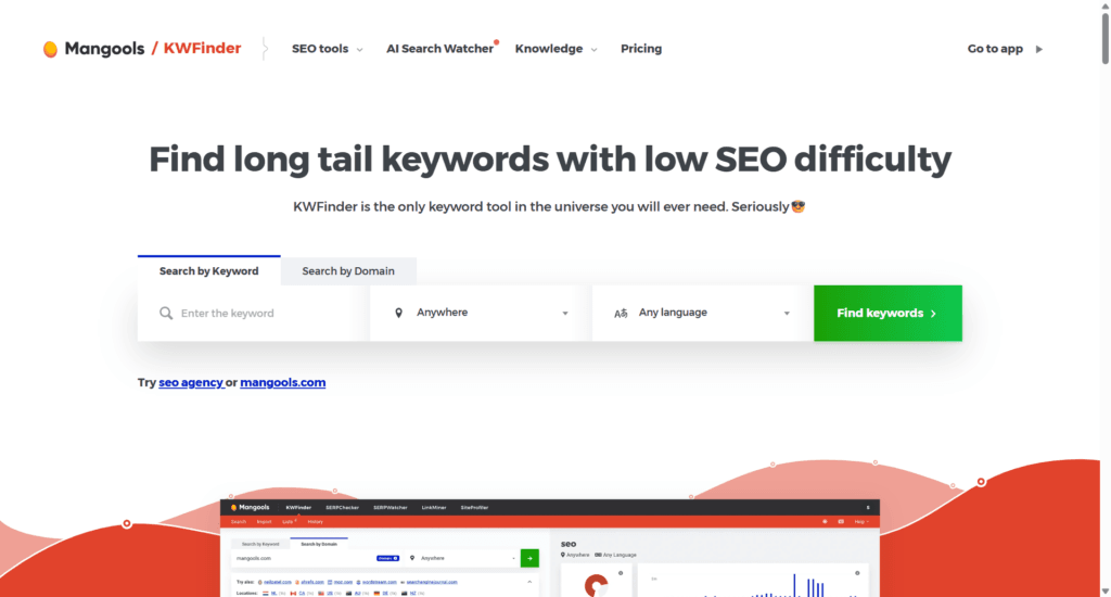 KWFinder homepage by Mangools featuring the search bar for keyword research and a "Start 10-day FREE trial" button.
