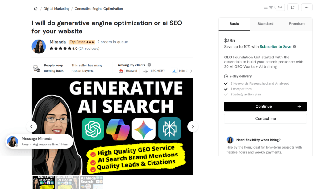 Generative engine optimization and AI SEO Fiverr services by Miranda featuring brand mentions and citations for AI search.