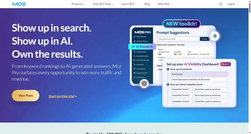 Moz Pro homepage featuring the headline "Show up in search. Show up in AI." and a preview of the AI Visibility Dashboard and prompt suggestions.