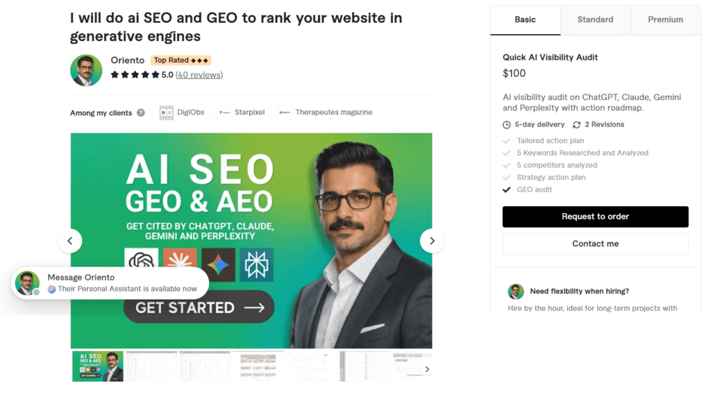 AI SEO and GEO Fiverr services by Oriento featuring a visibility audit for ChatGPT, Claude, Gemini, and Perplexity.