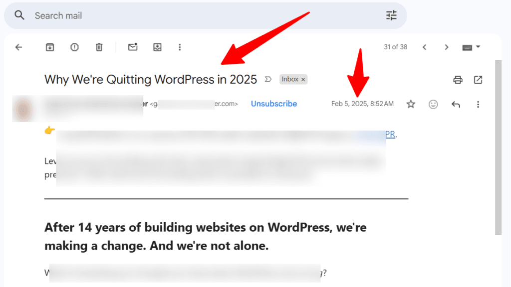 Gmail inbox interface showing an email with the subject line Why We're Quitting WordPress in 2025 and a timestamp of Feb 5, 2025.