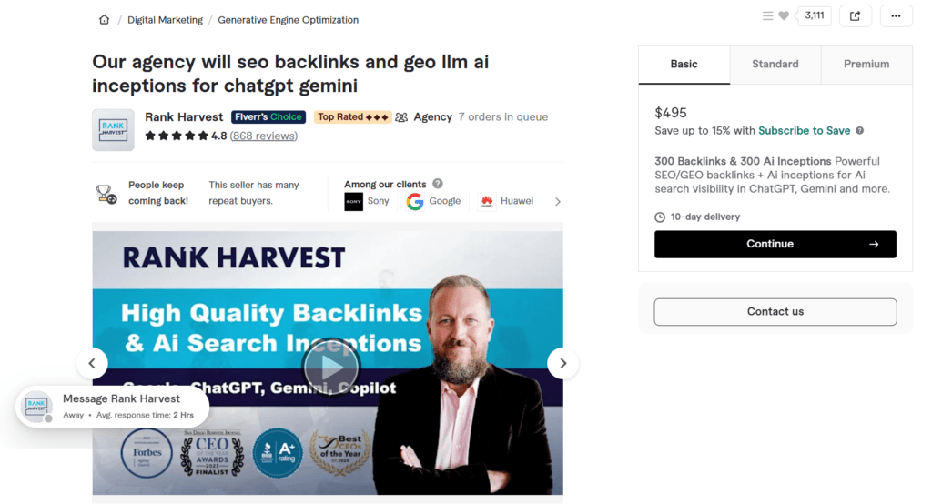Fiverr gig page for Rank Harvest agency offering SEO backlinks and AI inceptions for visibility in ChatGPT, Gemini, and Copilot.