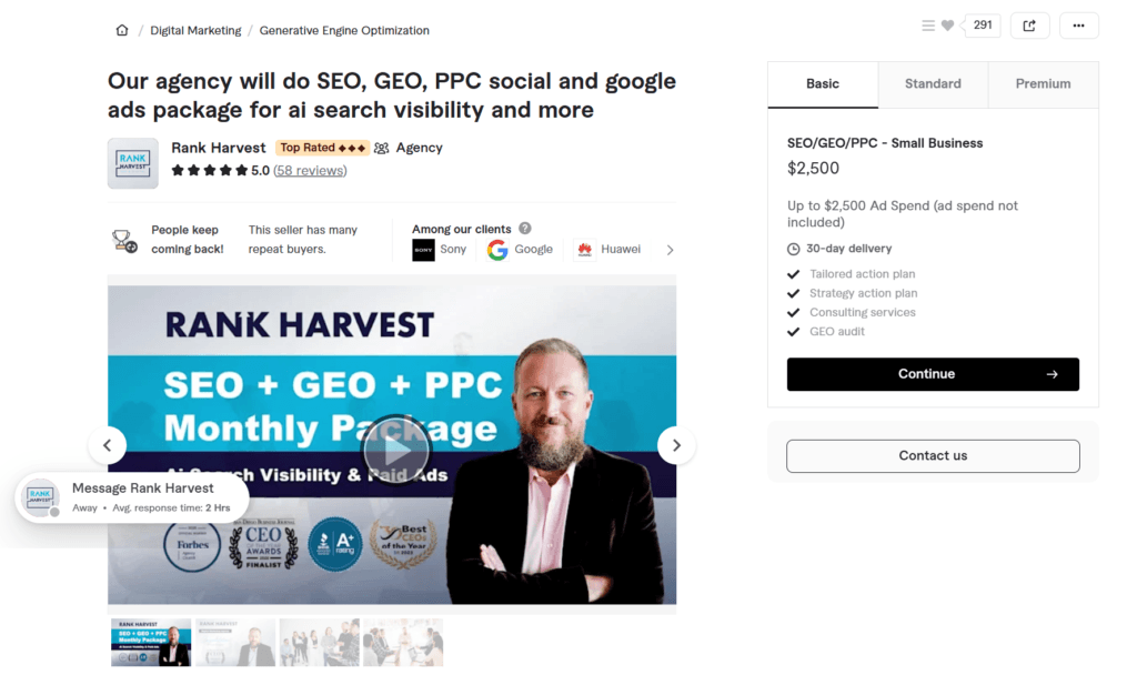 Rank Harvest agency offering a comprehensive SEO, GEO, and PPC monthly package for AI search visibility and paid ads Fiverr gig.