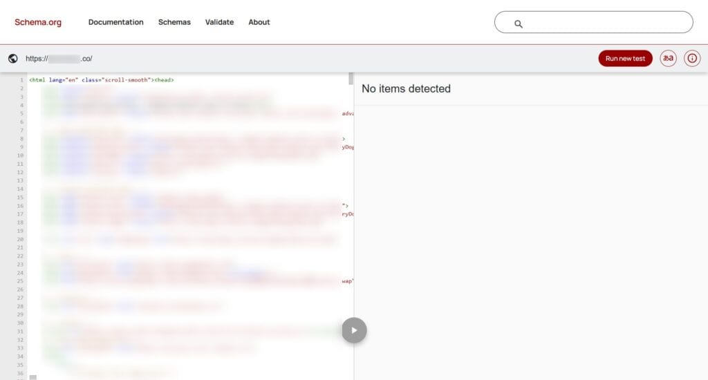Schema.org validator tool showing no structured data items detected for a website page.