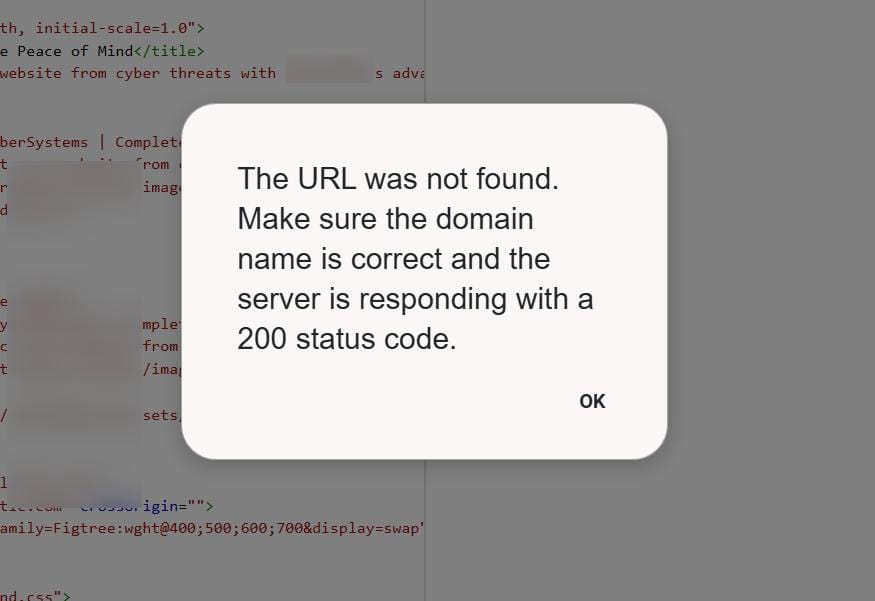 Schema.org validator error message stating that the URL was not found and the server must return a 200 status code.