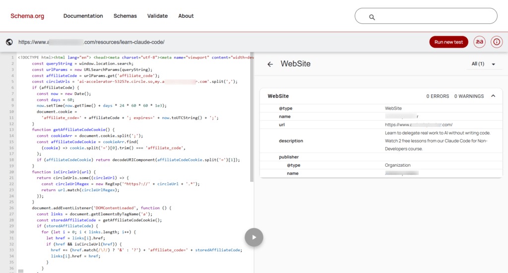 Schema.org validator tool displaying valid WebSite structured data markup with zero errors and warnings