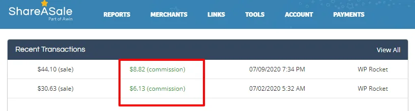 ShareASale affiliate dashboard displaying account statistics overview including net earnings, clicks, conversions, and average commission data.